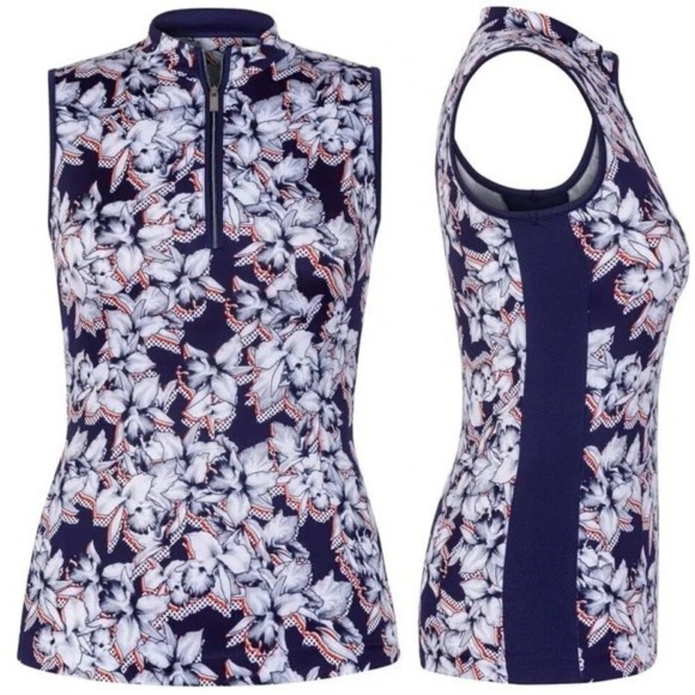 TAIL Golf Blue Floral Print Mock Neck Sleeveless Top Small